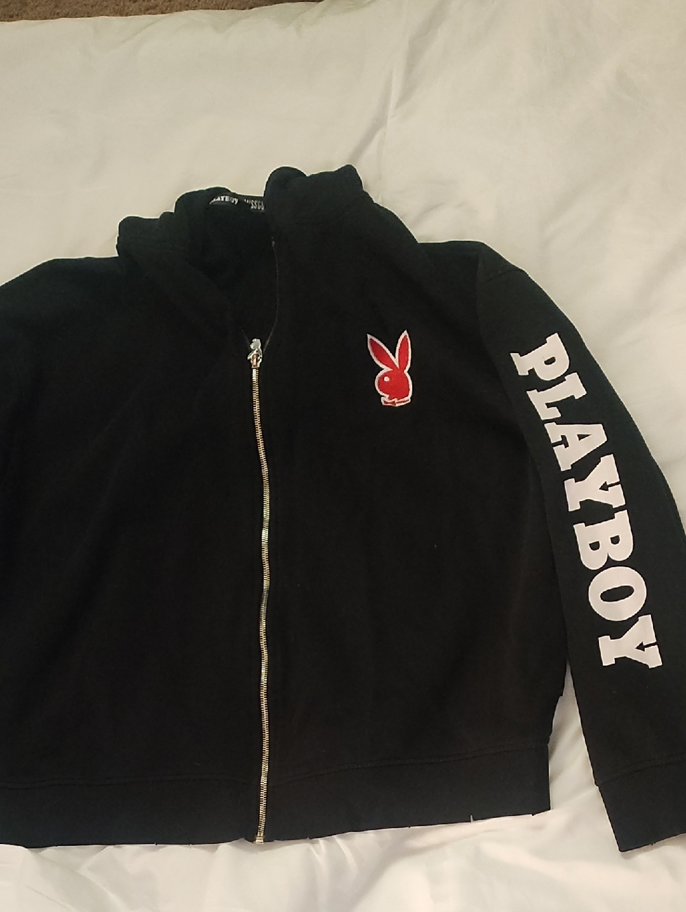 PLAYBOY Black Zip-Up Jacket with Red Bunny and White Sleeve Logo
